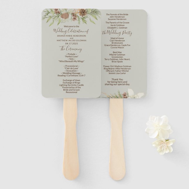 Éventail Hiver Beige Elegant Script Wedding Programme (Devant et derrière)