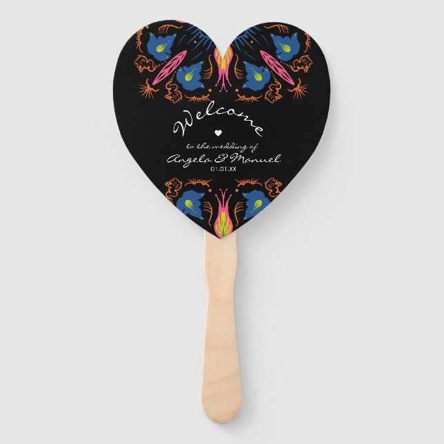 Éventail Indian Elephant Floral Black Mariage Heart (Devant)