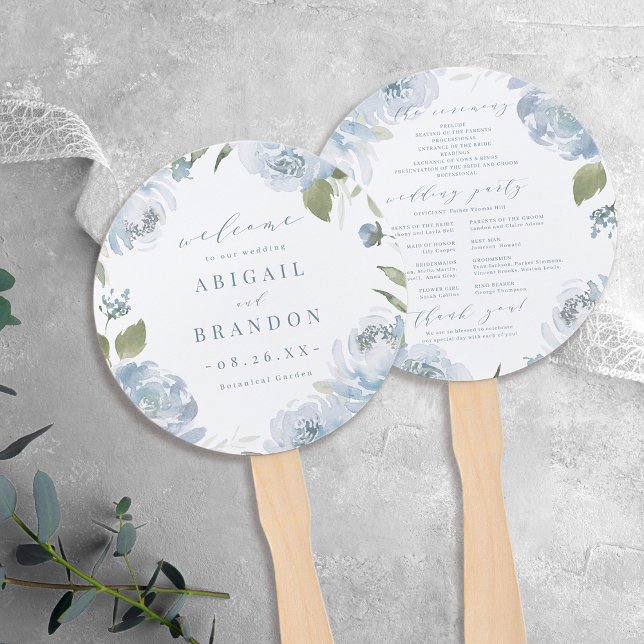 Éventail Jardin romantique bleu poussiéreux mariage floral  (Romantic garden dusty blue floral wedding Program Hand Fan)