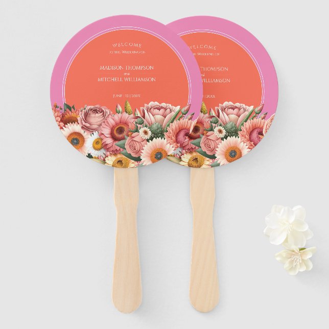 Éventail Jardin Sunrise rose Orange moderne Mariage Floral (Devant et derrière)