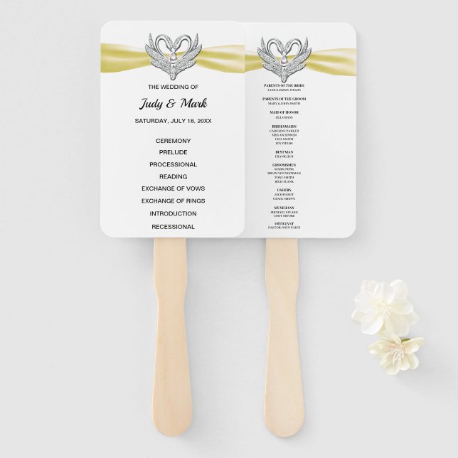 Éventail Jaune Ribbon Argent Swan Programme de mariage Fans (Devant et derrière)