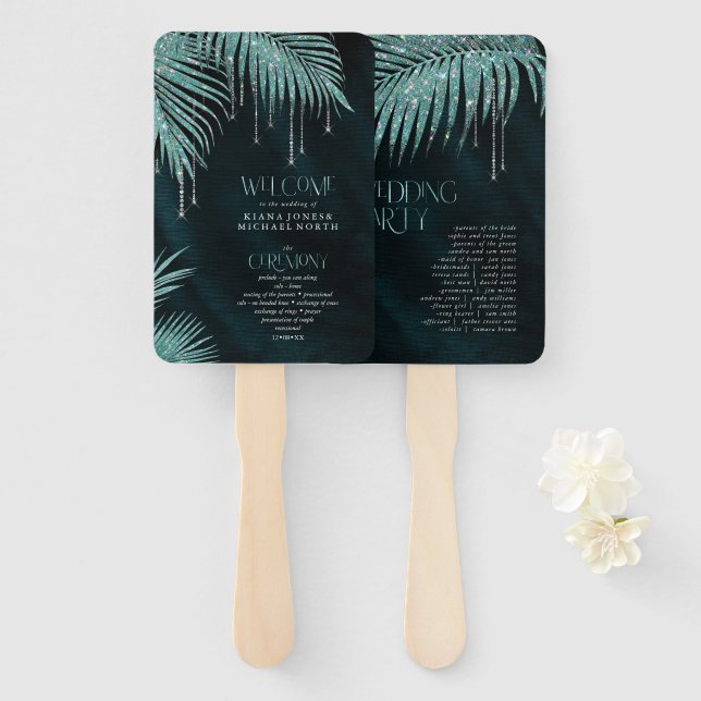 Éventail Jewel Palm Leaf Ceremony Programme Turquoise ID830 (Devant et derrière)