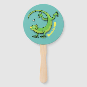 Éventail Joli gecko vert salutations avec dessin animé