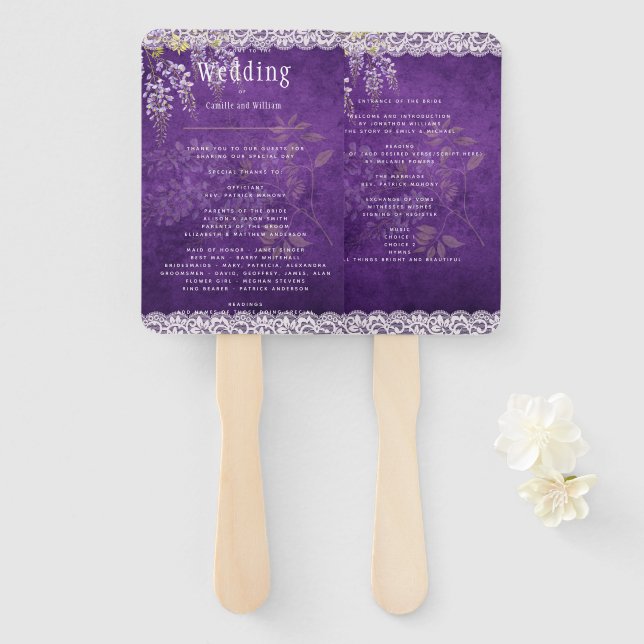 Éventail Joli Mariage de dentelle WISTERIA violet rustique (Devant et derrière)