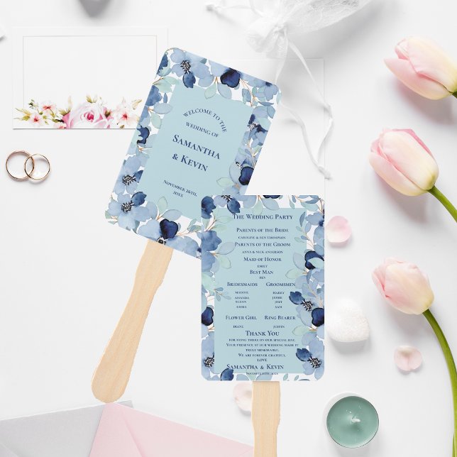 Éventail Jolie aquarelle Bleu Floral Programme de mariage (Pretty Watercolor Blue Floral Wedding Program Hand Fan)