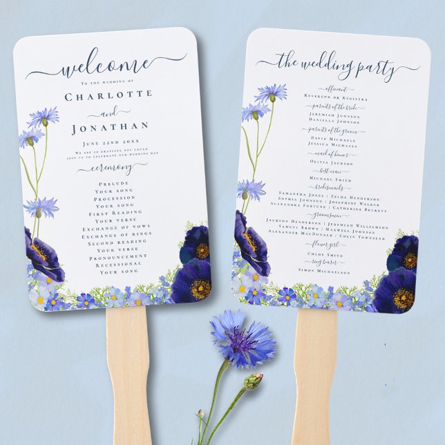 Éventail Journée de mariage bleu Fleur sauvage moderne (Elegant blue floral watercolor day of wedding programme fan with stylish typography script )