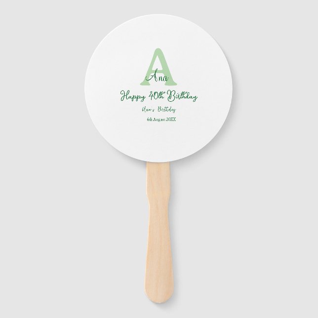 Éventail Joyeux 40e anniversaire vert ajouter nom monogramm (Devant)