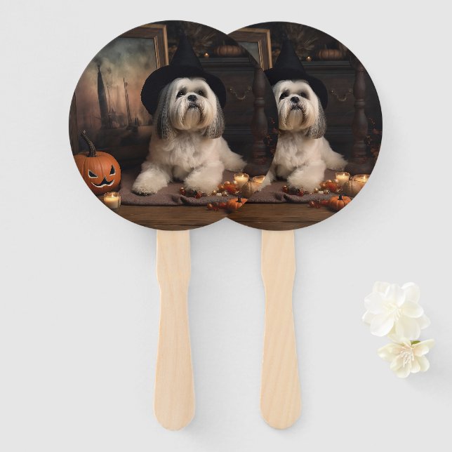 Éventail Lhasa Apso Citrouille Halloween effrayant (Devant et derrière)