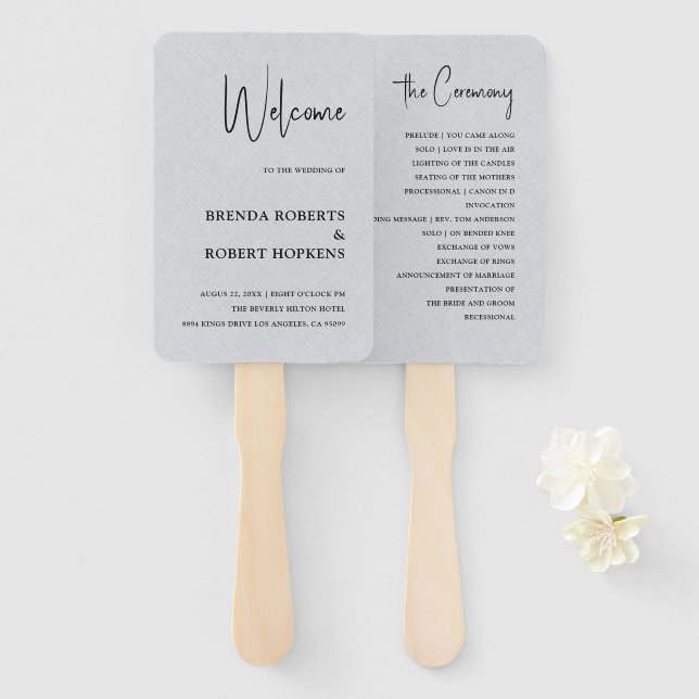 Éventail Linge gris Simple Script noir Mariage Ventilateur  (Devant et derrière)