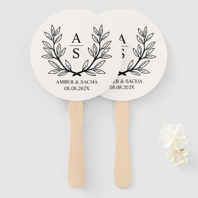 Éventail Logo Mariage Monogramme Personnalisé Avec Wreath (Devant et derrière)