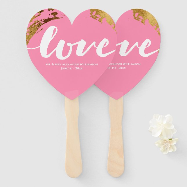 Éventail Love Gold Foil Pink Typographie Mariage (Devant et derrière)