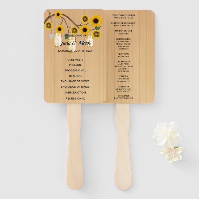 Éventail Lumière Rustique Jaune Floral Mason jarres Mariage (Devant et derrière)