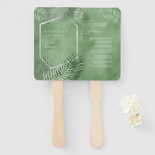Éventail Lush Palm Leaf Wedding Programme Moss Green ID956 (Devant et derrière)