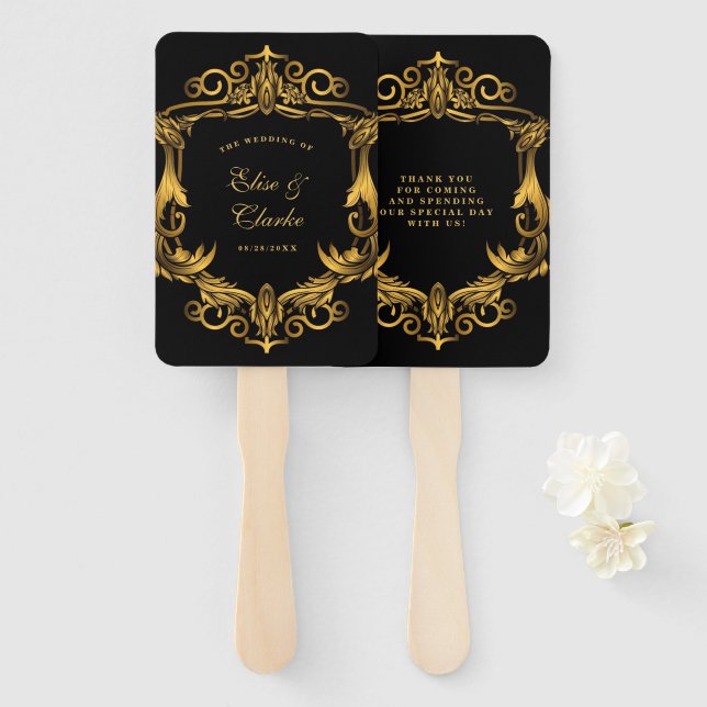 Éventail Luxueux Art Nouveau Noir et Or Mariage Royal (Devant et derrière)