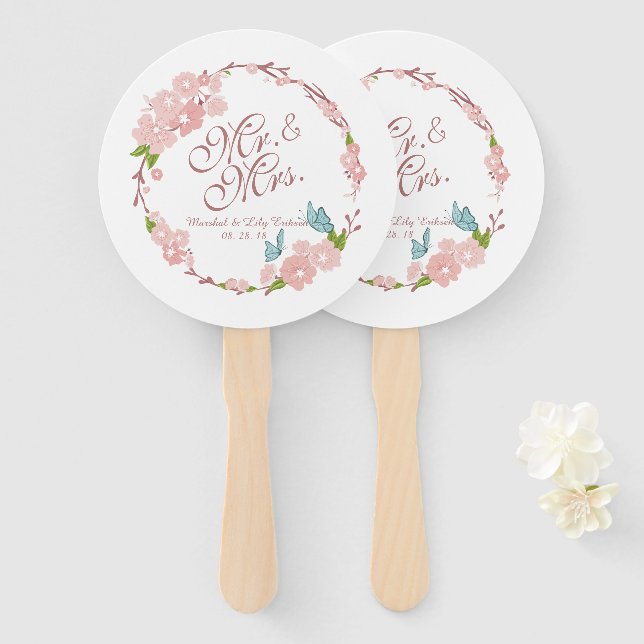 Éventail M. & Mme Elegant Floral Mariage | Ventilateur à ma (Devant et derrière)