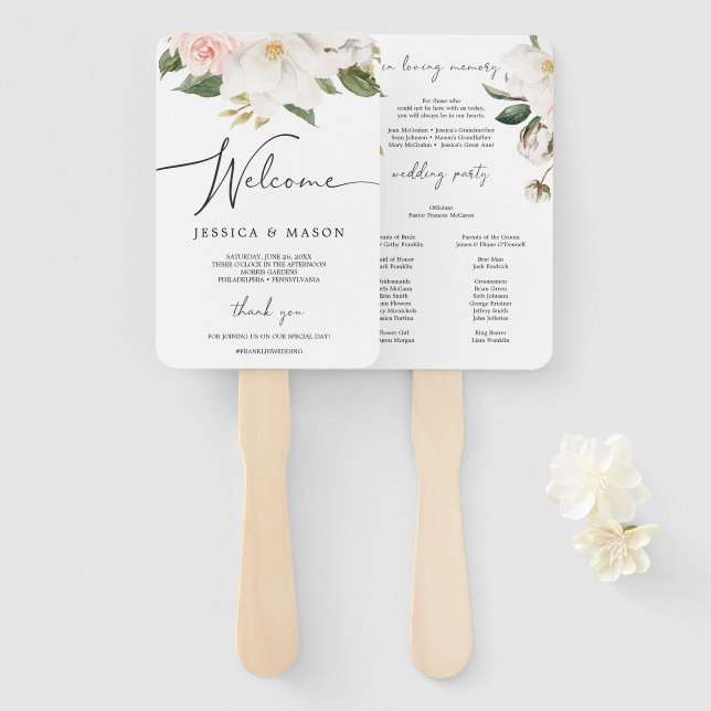 Éventail Magnolia Cotton Wedding Programme Fan Love Memory (Devant et derrière)