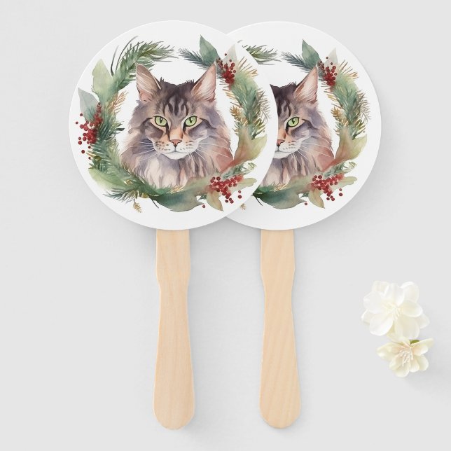 Éventail Maine Coon Chat Noël Wreath Festive Kitten (Devant et derrière)