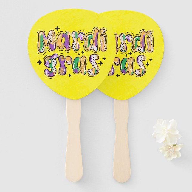 Éventail Mardi Gras jaune vert pourpre (Devant et derrière)