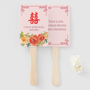 Éventail Mariage à cadre chinois de fleurs jaunes orange