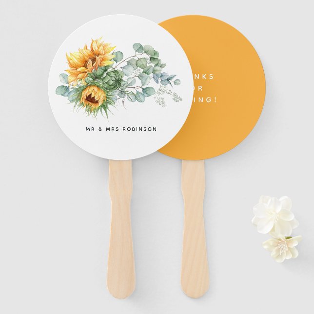 Éventail Mariage Boho Sunflower Eucalyptus (Devant et derrière)