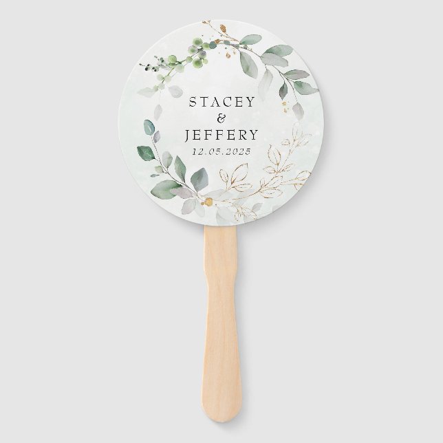 Éventail Mariage Calligraphie Or Eucalyptus Rustique (Devant)
