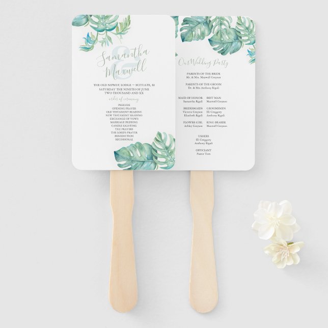 Éventail Mariage d'aquarelle Feuille de palme tropicale (Devant et derrière)