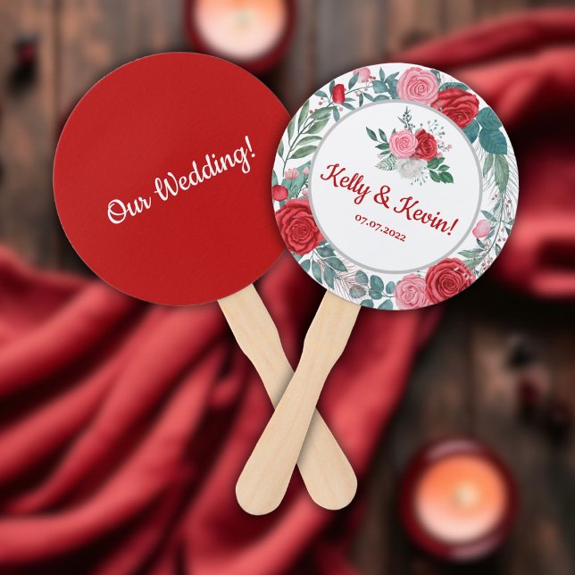 Éventail Mariage d'aquarelle rouge (Red Rose Watercolor Wedding Hand Fan)