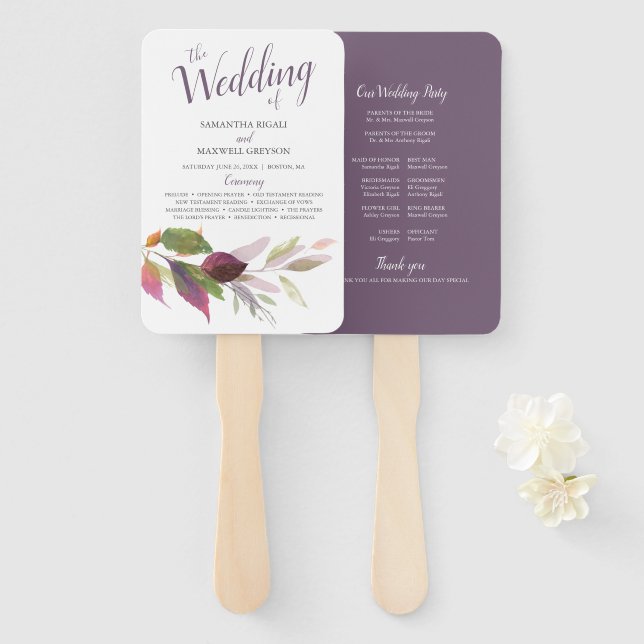 Éventail Mariage de automne avec Feuilles d'aquarelle viole (Devant et derrière)