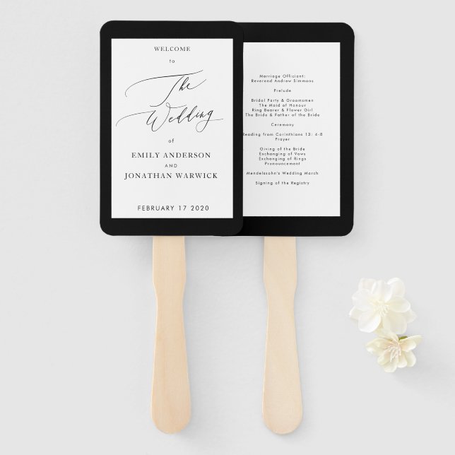 Éventail Mariage de calligraphie moderne simple noir et bla (Devant et derrière)