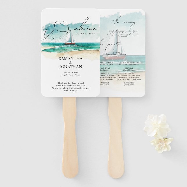 Éventail Mariage de croisière océanique bleu simple (Devant et derrière)