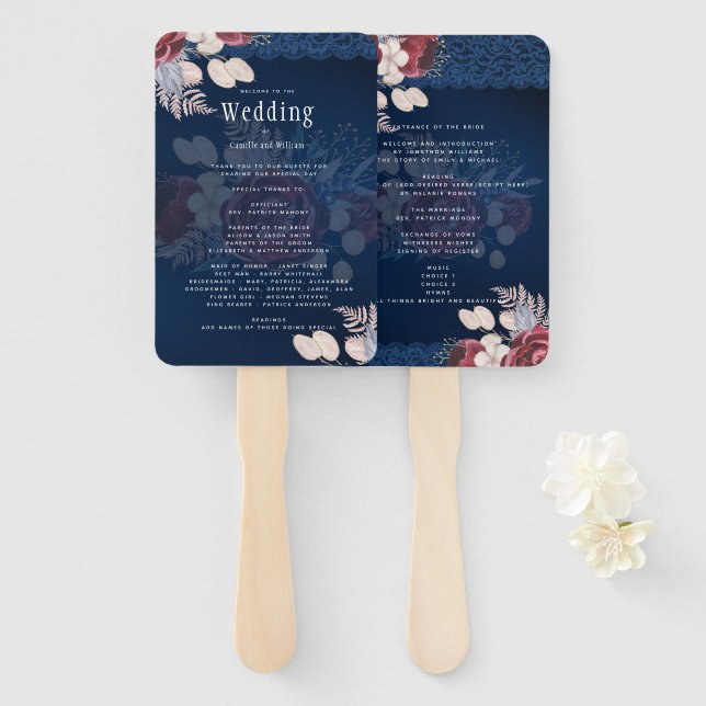 Éventail Mariage de dentelle florale bleu Bourgogne (Devant et derrière)