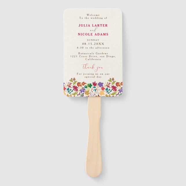 Éventail Mariage de fleurs de prés pourpre jaune moutarde d (Devant)