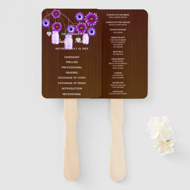 Éventail Mariage de jarres de mason foncé violet rustique (Devant et derrière)