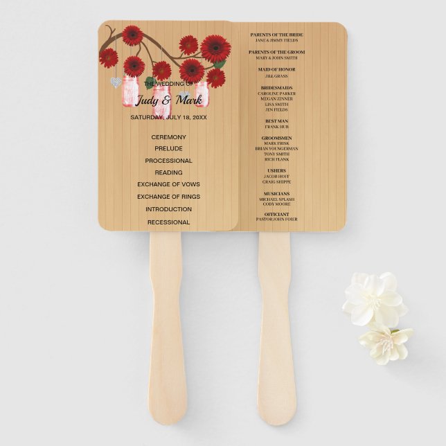 Éventail Mariage de jarres de mason rouge rustique (Devant et derrière)