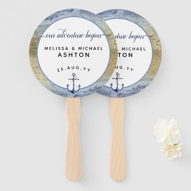 Éventail mariage de l'événement #Nautical Navy Blue Gold Wa (Devant et derrière)