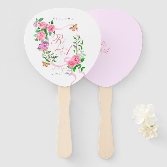 Éventail Mariage de monogramme rose rose (Devant et derrière)