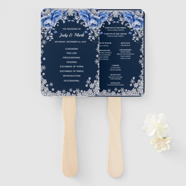 Éventail Mariage de Noël Flocon de Neige Roses Bleues (Devant et derrière)