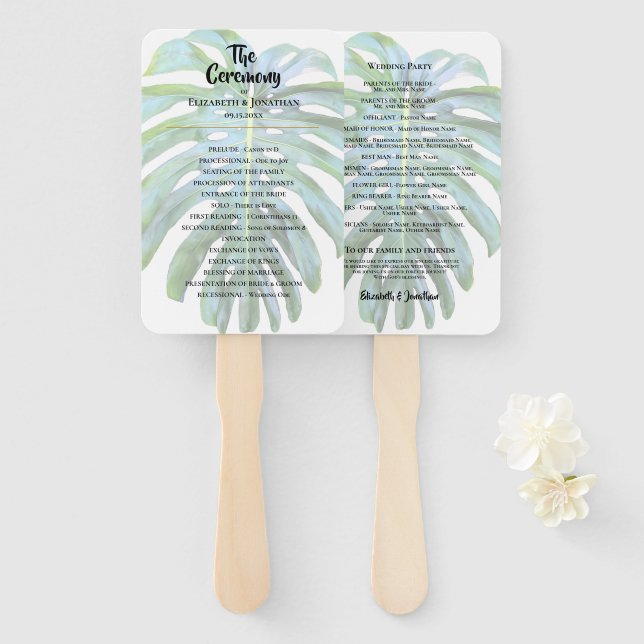Éventail Mariage de plage de feuilles tropicales (Devant et derrière)