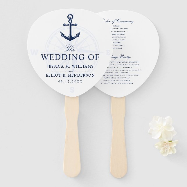 Éventail Mariage de thème nautique Ancre Personnalisé Marin (Devant et derrière)