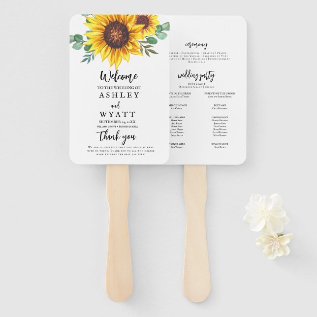 Éventail Mariage de tournesol jaune moderne (Devant et derrière)