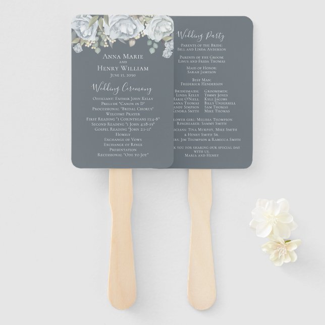 Éventail Mariage Dusty Blue Elegant Floral Rose Cérémonie (Devant et derrière)
