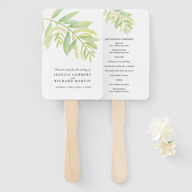 Éventail Mariage Eucalyptus feuille vert (Devant et derrière)