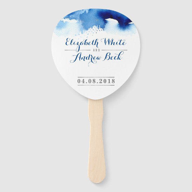 Éventail MARIAGE FAN élégant aquarelle chic bleu foncé (Devant)