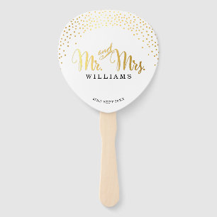 Éventail MARIAGE FAN moderne style or confetti m & mrs