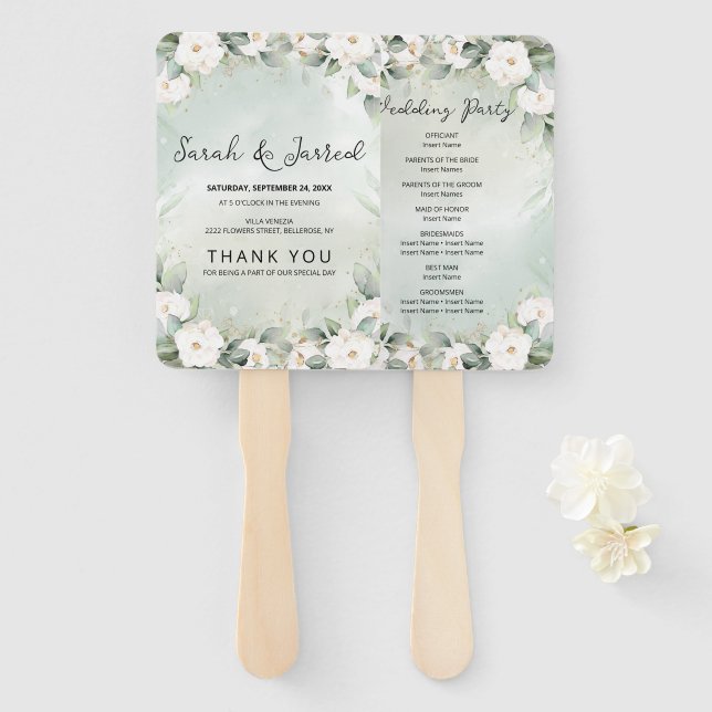 Éventail Mariage Feuille des Roses blanches (Devant et derrière)