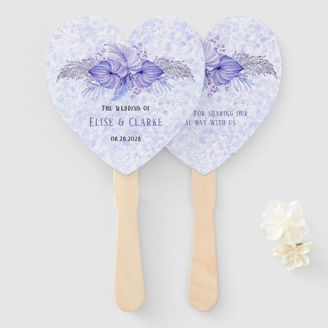 Éventail Mariage Feuille Tropical Purple Blue Palm (Devant et derrière)