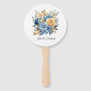 Éventail Mariage floral bleu et or Dusty