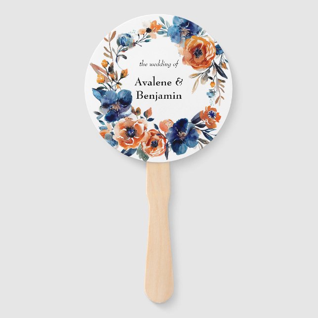 Éventail Mariage floral bleu et orange (Devant)