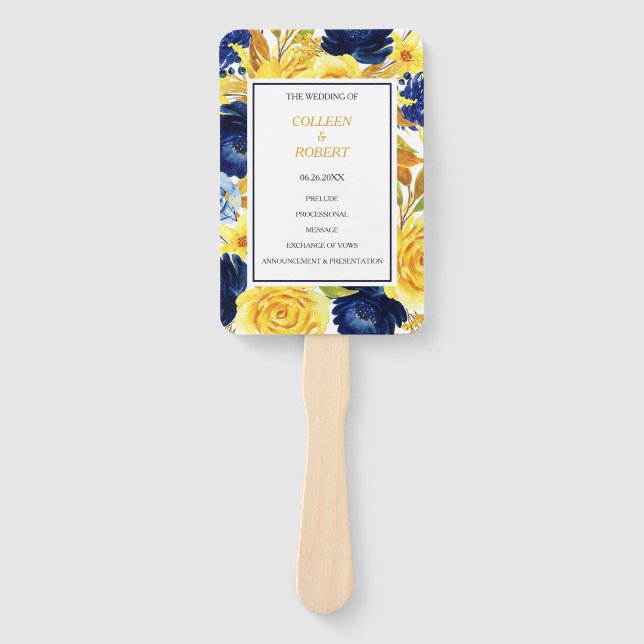 Éventail Mariage Floral bleu Gold Navy (Devant)