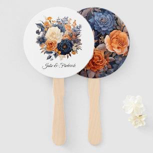 Éventail Mariage floral bleu marine, orange brûlé et champa